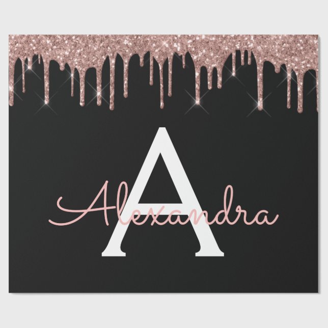 Ro Guld -  Rosa Black Glitter Monogram Namn Presentpapper (Platt)