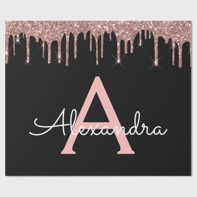 Ro Guld -  Rosa Black Glitter Monogram Namn Presentpapper (Platt)