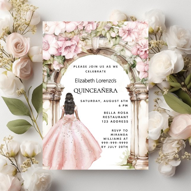 Ro guld rosa blommigt Arch dress Quinceanera Inbjudningar (Skapare uppladdad)