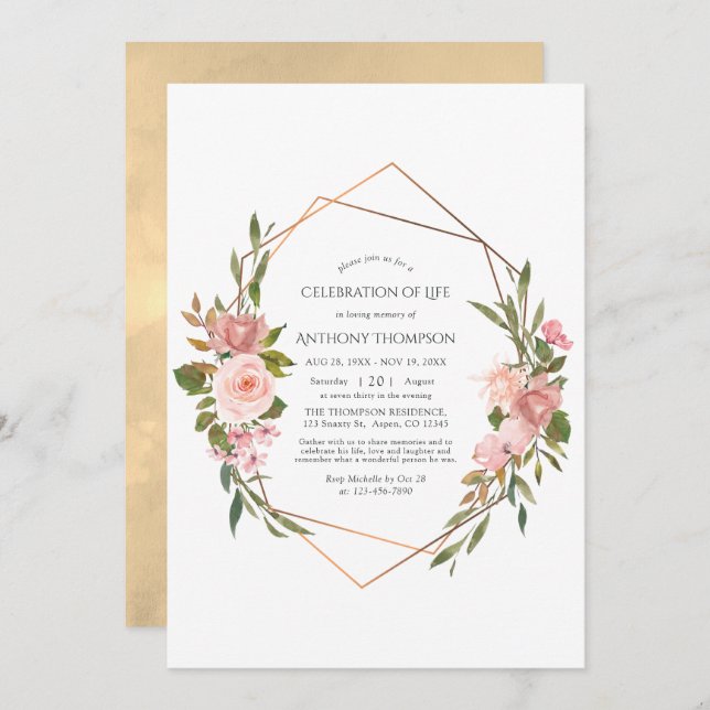 Ro Guld &  Rosa Blommigt Firande i Life Inbjudningar (Fram/baksida)