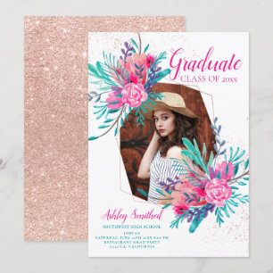 Ro guld rosa blommigt glitter studenten inbjudningar