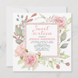 Ro Guld Rosa Blommigt Glitter Sweet sixteen Inbjudningar