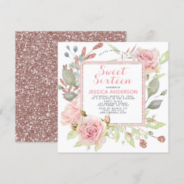 Ro Guld Rosa Blommigt Glitter Sweet sixteen Inbjudningar