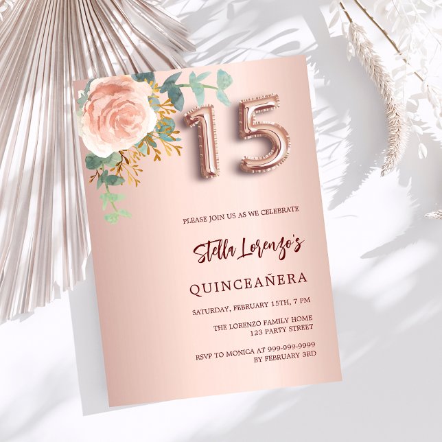 Ro guld rosa blommigt greenery Quinceanera Inbjudningar (Skapare uppladdad)