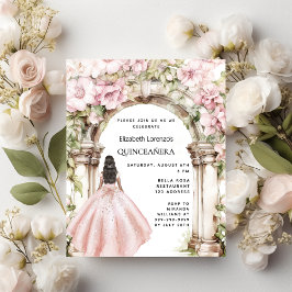 Ro guld rosa blommigt runt Quinceanera-inbjudan