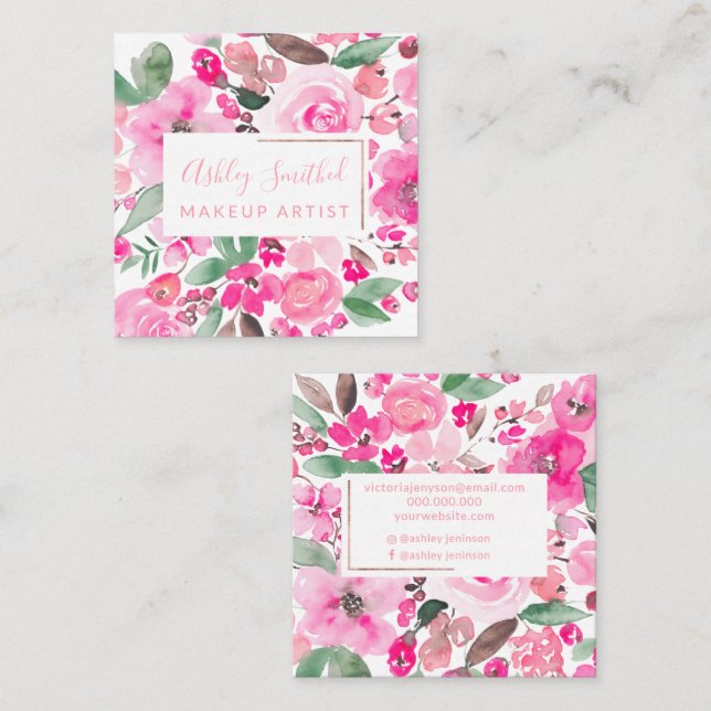 Ro Guld rosa blommigt  vattenfärgssammansättning c Fyrkantigt Visitkort (Fram/baksida)