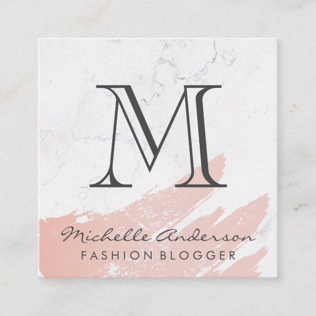 Ro Guld Rosa Brushed | Marble | Klassiskt monogram Fyrkantigt Visitkort (Framsida)