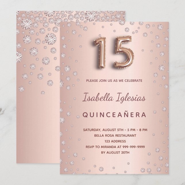 Ro guld rosa diamanter Quinceanera Inbjudningar (Fram/baksida)