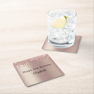 Ro Guld Rosa Dripping Glitter 21:a födelsedag Underlägg Papper Kvadrat