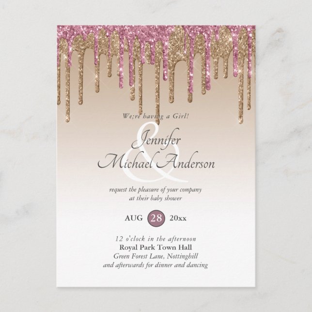 Ro Guld Rosa Dripping Glitter Flicka Shower Vykort (Framsida)