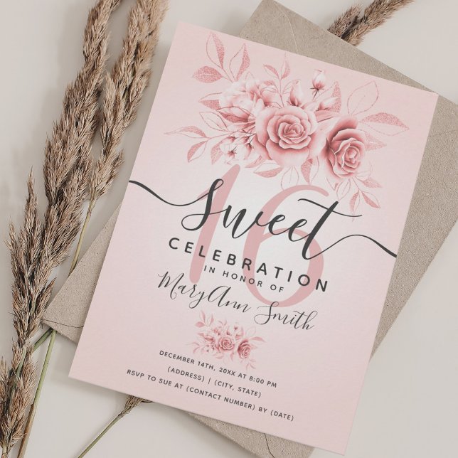 Ro Guld & Rosa  Fab Blommigt Glitter Sweet 16 Inbjudningar (Rose Gold & Pink Blush Fab Floral Glitter Sweet 16 Invitation)