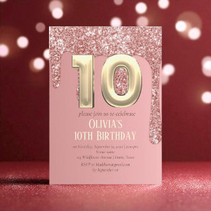 Ro Guld Rosa Flicka i Glitter Girly 10:e födelseda Inbjudningar