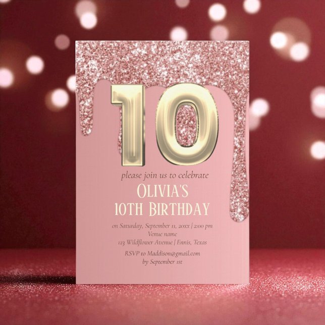 Ro Guld Rosa Flicka i Glitter Girly 10:e födelseda Inbjudningar (Skapare uppladdad)