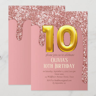 Ro Guld Rosa Flicka i Glitter Girly 10:e födelseda Inbjudningar