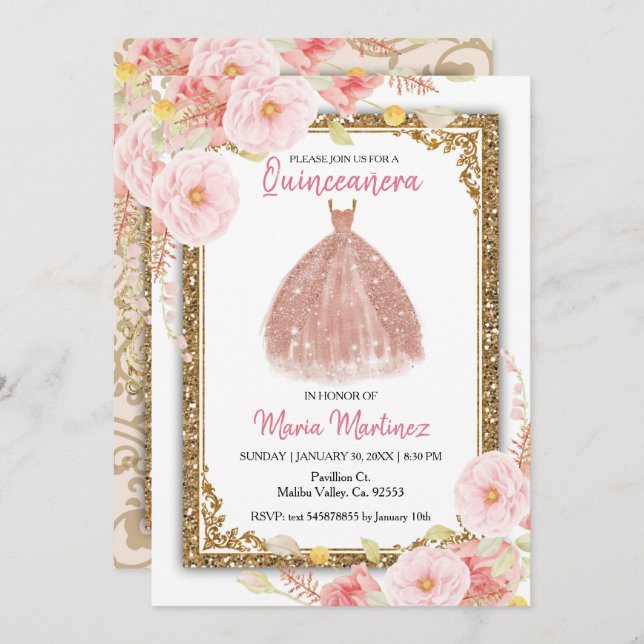 Ro Guld  Rosa Flowers Quinceanera Inbjudningar (Fram/baksida)