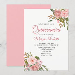 Ro Guld & Rosa Flowers Quinceanera Party Inbjudan