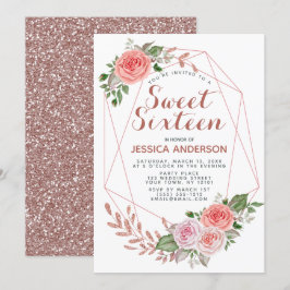 Ro Guld Rosa Geometric Glitter Sweet sixteen Inbjudningar