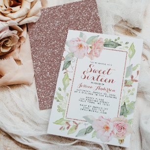 Ro Guld Rosa Geometric Glitter Sweet sixteen Inv. Inbjudningar