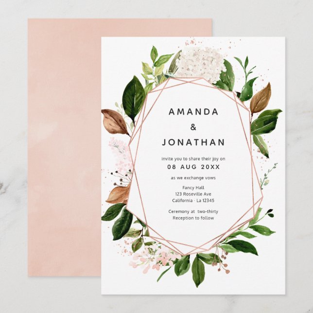 Ro Guld &  Rosa Geometric Greenery Bröllop Inbjudningar (Fram/baksida)