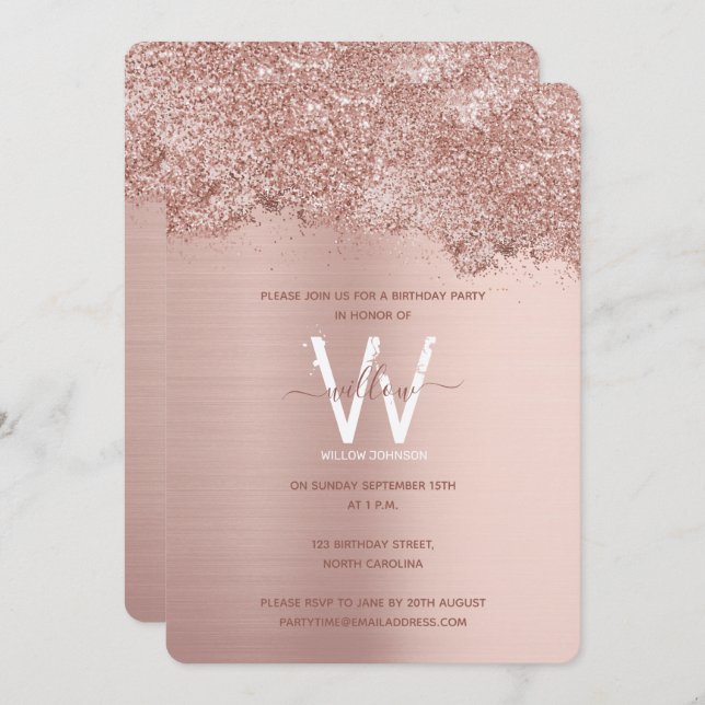 Ro Guld Rosa Girly Glitter varje år Inbjudningar (Fram/baksida)