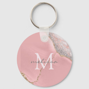 Ro Guld Rosa Girly Monogram Namn Marble Glitter Nyckelring