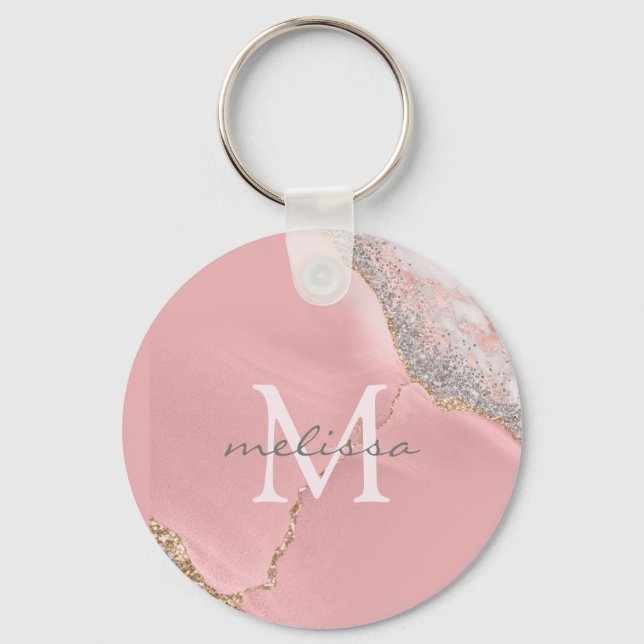 Ro Guld Rosa Girly Monogram Namn Marble Glitter Nyckelring (Framsida)