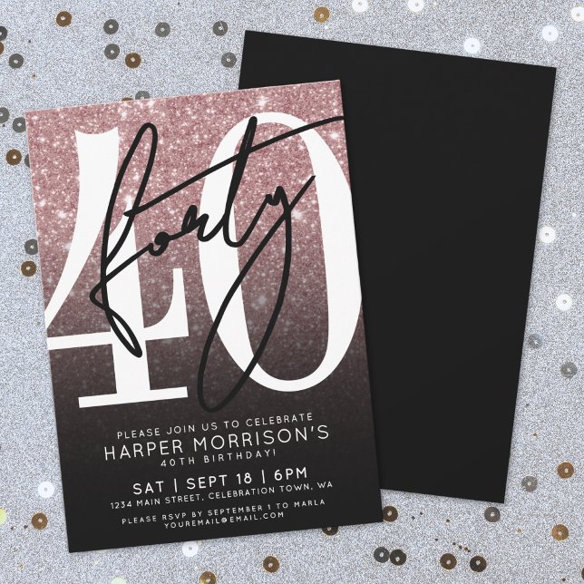 Ro Guld Rosa Glitter 40:e födelsedag Inbjudningar (Rose Gold Pink Glitter 40th Birthday Invitation)