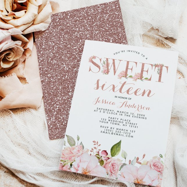 Ro Guld Rosa Glitter Blommigt Sweet sixteen Inbjudningar (Skapare uppladdad)
