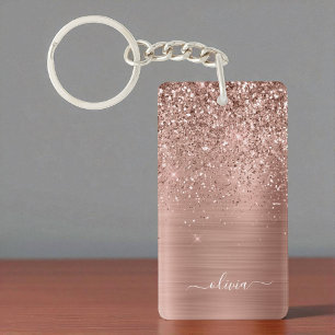 Ro Guld Rosa Glitter Brushed Metall Monogram Nyckelring