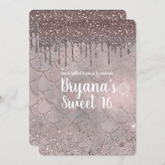 Ro Guld Rosa Glitter Drip Sjöjungfru Söt 16 Party Inbjudningar (Fram/baksida)