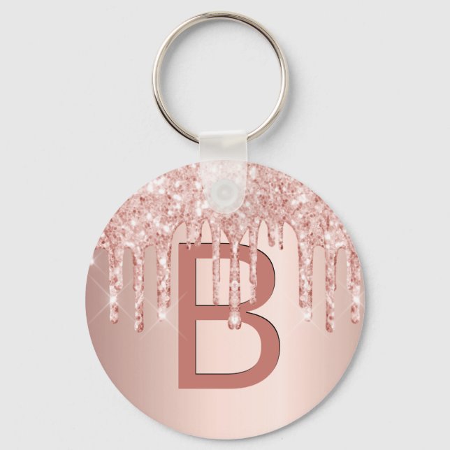 Ro guld rosa glitter droppar gnistra monogram nyckelring (Framsida)