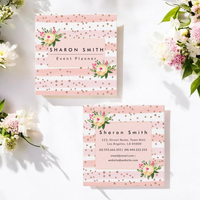 Ro Guld Rosa Glitter Flowers Chic Blommigt  Fyrkantigt Visitkort (Skapare uppladdad)
