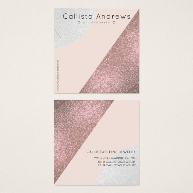 Ro Guld Rosa Glitter Geo Heart Necklace Visning Fyrkantigt Visitkort (Framsida & baksida)