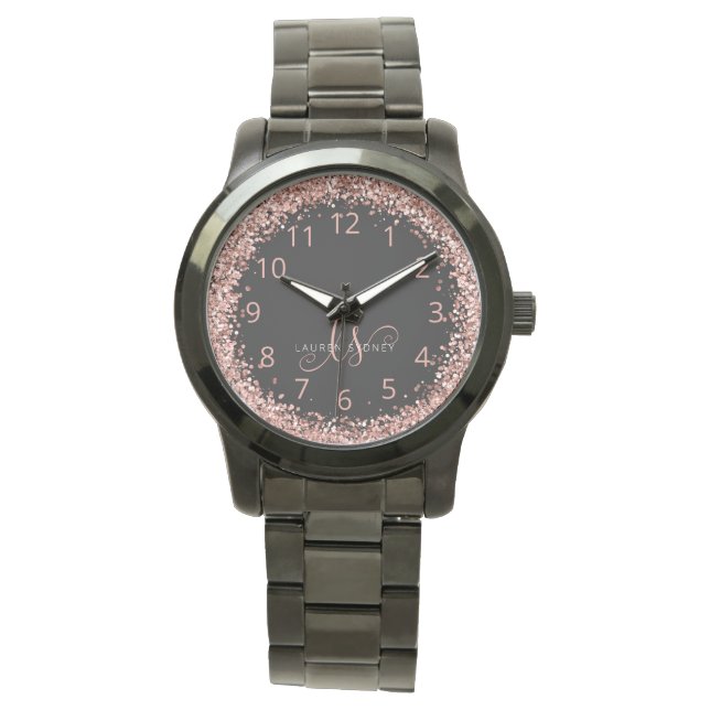 Ro Guld  Rosa Glitter Glam Monogram Namn Armbandsur (Framsida)