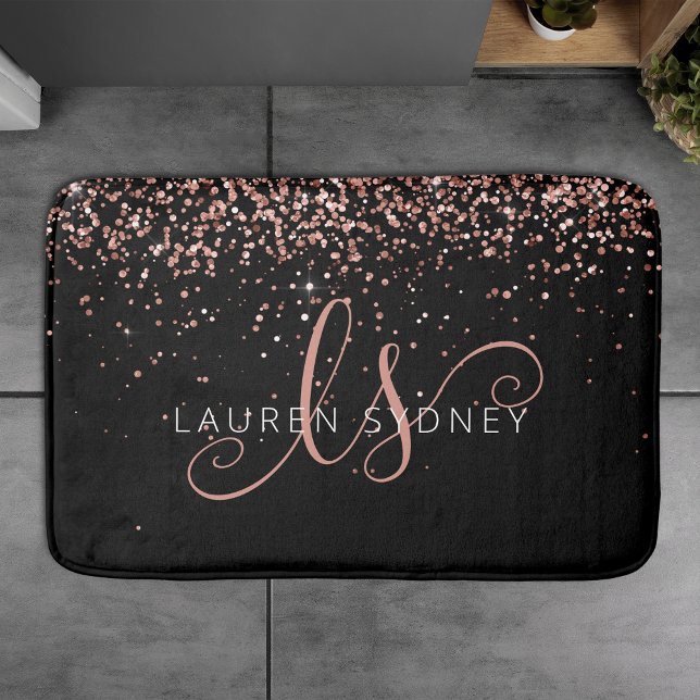 Ro Guld  Rosa Glitter Glam Monogram Namn Badrumsmatta (Skapare uppladdad)
