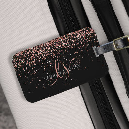 Ro Guld  Rosa Glitter Glam Monogram Namn Bagagebricka