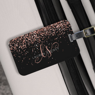 Ro Guld  Rosa Glitter Glam Monogram Namn Bagagebricka