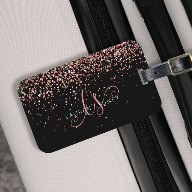 Ro Guld  Rosa Glitter Glam Monogram Namn Bagagebricka (Skapare uppladdad)