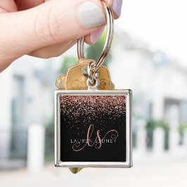Ro Guld  Rosa Glitter Glam Monogram Namn Fyrkantig Silverfärgad Nyckelring