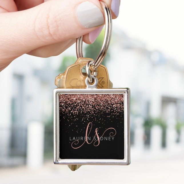Ro Guld  Rosa Glitter Glam Monogram Namn Fyrkantig Silverfärgad Nyckelring (Skapare uppladdad)