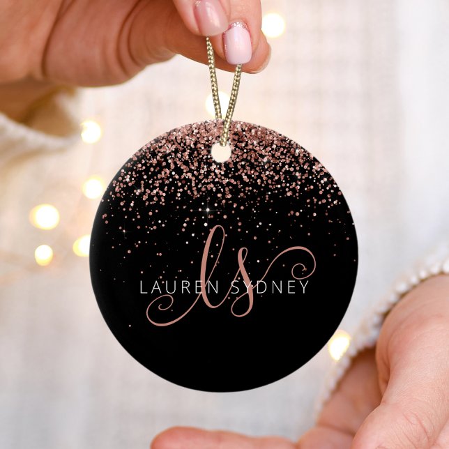Ro Guld  Rosa Glitter Glam Monogram Namn Julgransprydnad Keramik (Skapare uppladdad)
