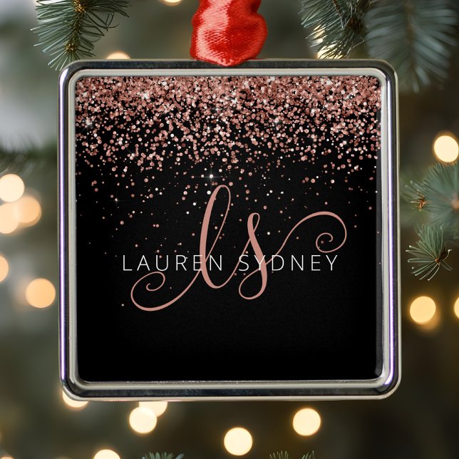 Ro Guld  Rosa Glitter Glam Monogram Namn Julgransprydnad Metall (Skapare uppladdad)