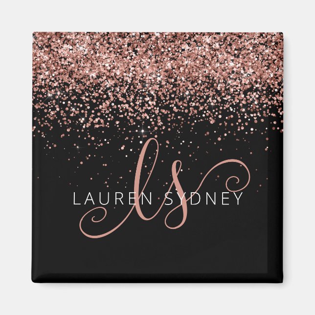 Ro Guld  Rosa Glitter Glam Monogram Namn Magnet (Framsidan)