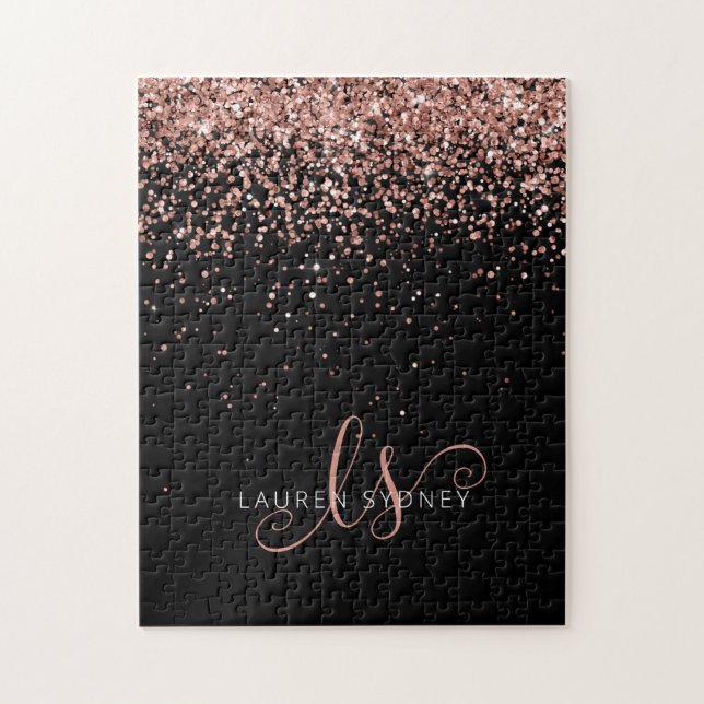 Ro Guld  Rosa Glitter Glam Monogram Namn Pussel (Vertikal)