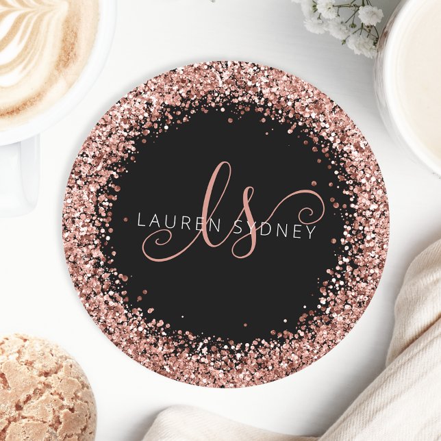 Ro Guld  Rosa Glitter Glam Monogram Namn Underlägg Papper Rund (Skapare uppladdad)
