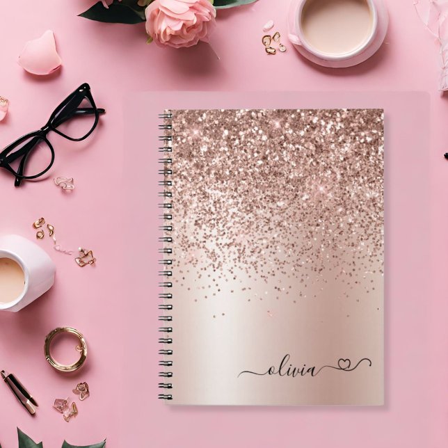 Ro Guld -  Rosa Glitter Heart Monogram Namn Anteckningsbok (Skapare uppladdad)