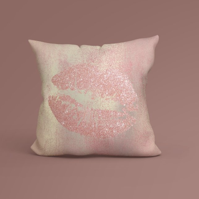  Ro Guld Rosa Glitter Kiss Läppar Makeup Kudde (Skapare uppladdad)