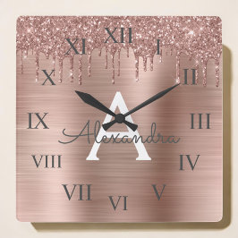 Ro Guld -  Rosa Glitter Metall Monogram Namn Fyrkantig Klocka