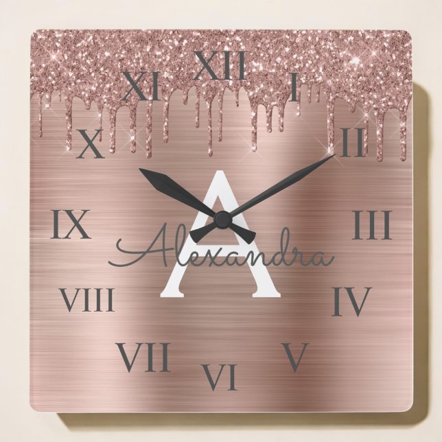 Ro Guld -  Rosa Glitter Metall Monogram Namn Fyrkantig Klocka (Skapare uppladdad)