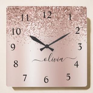 Ro Guld -  Rosa Glitter Metall Monogram Namn Fyrkantig Klocka
